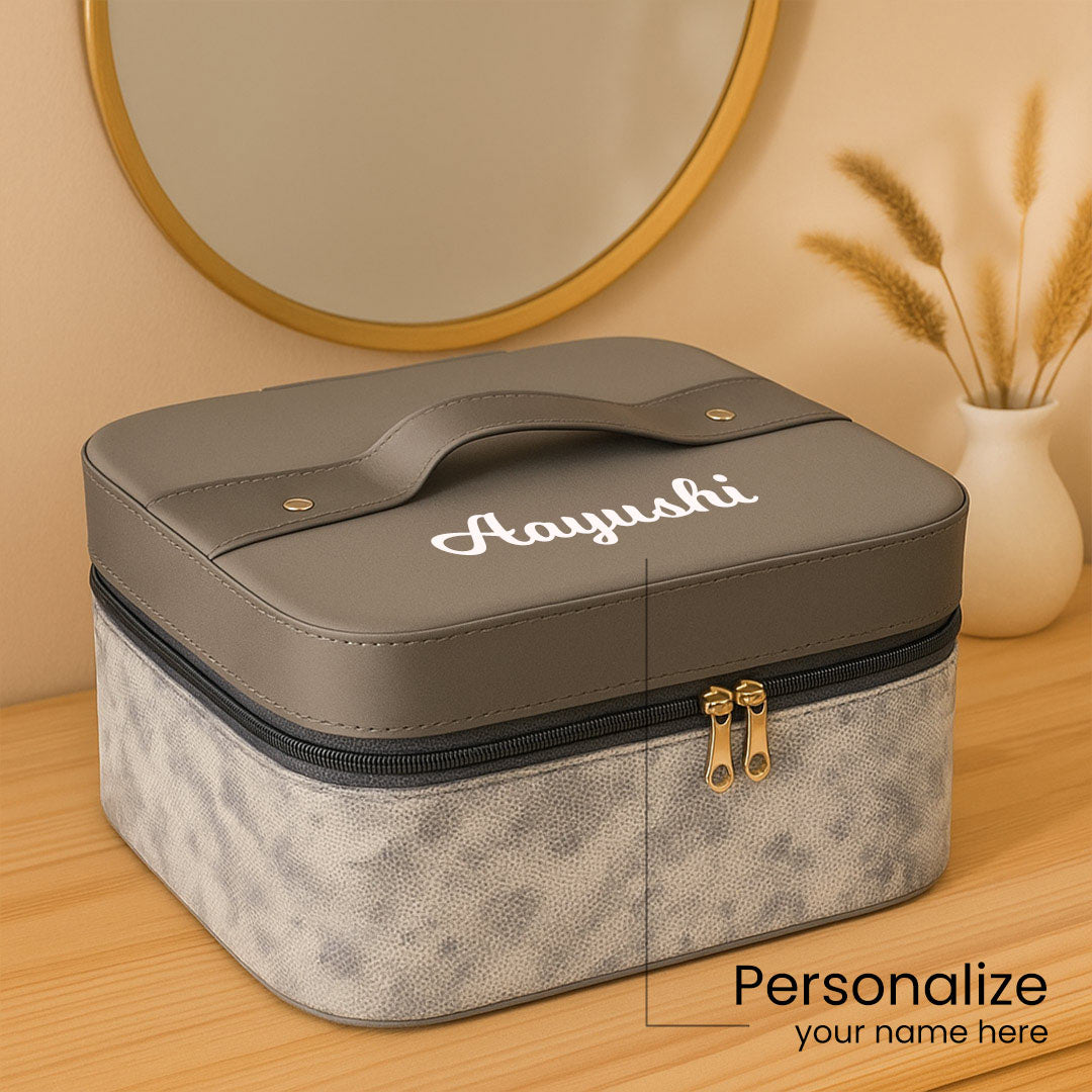 Personalized Grey Faux Leather Jewellery Box with Handle | Love Craft Gifts