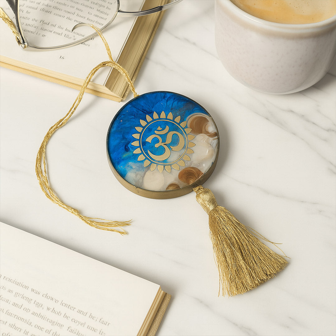 Blue & Gold Om Resin Car Hanger with Pearl Tassel
