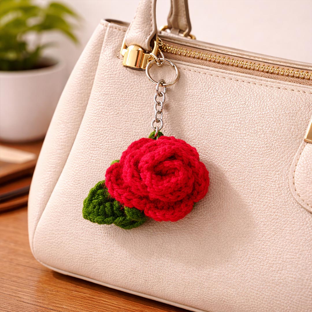Handmade Crochet Rose Keychain – Cute Floral Bag Charm & Key Ring Accessory | Love Craft Gifts