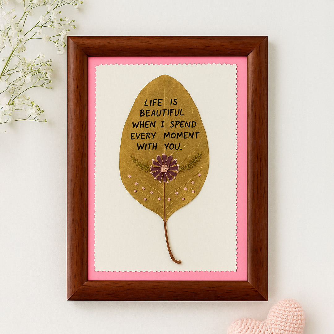 Handmade Leaf Art Frame with Love Quote – Nature-Inspired Wall Decor Gift | Love Craft Gifts