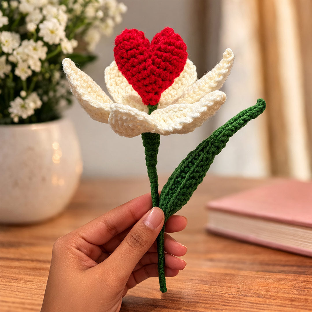Handmade Crochet Heart Flower – Romantic Knitted Flower Gift with Red Heart Center | Love Craft Gifts