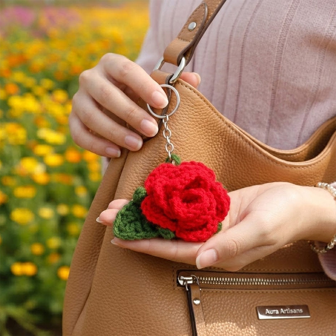 Handmade Crochet Rose Keychain – Cute Floral Bag Charm & Key Ring Accessory | Love Craft Gifts