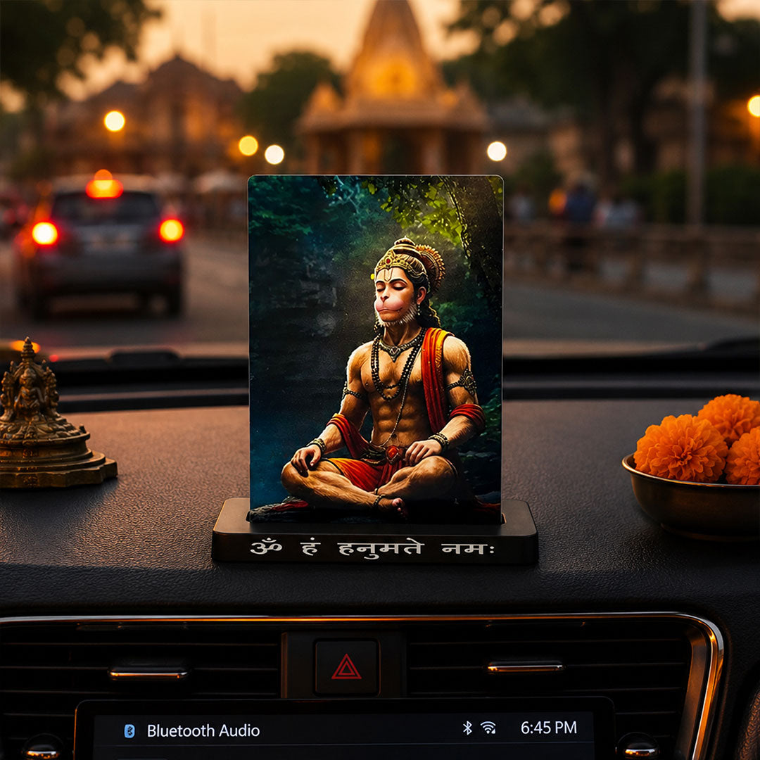 Meditating Hanuman Ji Car Dashboard Stand – Om Hanumate Namah Acrylic Dashboard Decor for Car, Home & Office | Divine Hanuman Artwork | LoveCraftGifts™