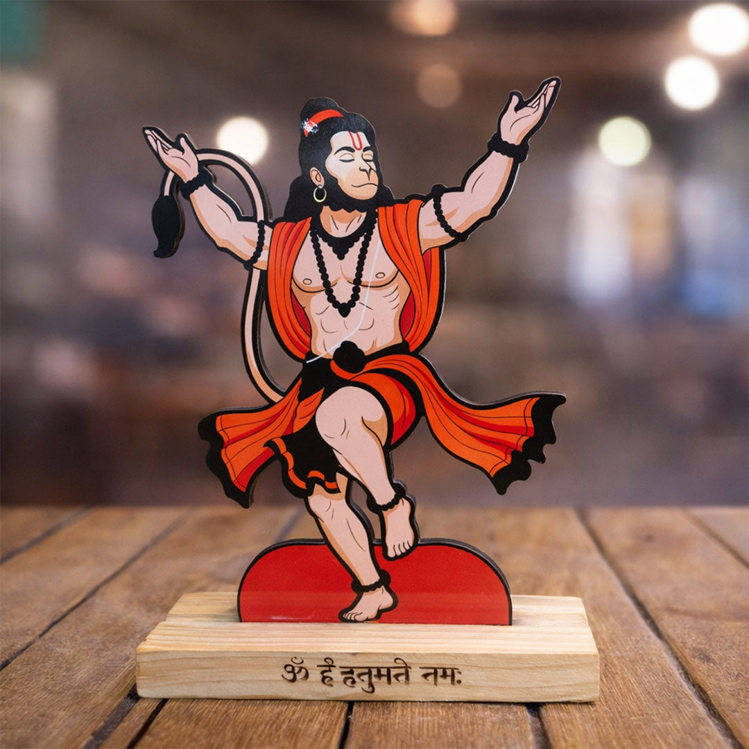 Hanuman Ji Acrylic Stand with Wooden Base – 8x6 Inch Table Top Religious Décor | Love Craft Gifts