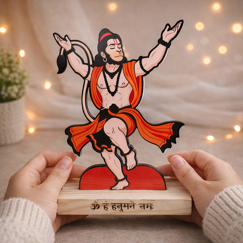 Hanuman Ji Acrylic Stand with Wooden Base – 8x6 Inch Table Top Religious Décor | Love Craft Gifts