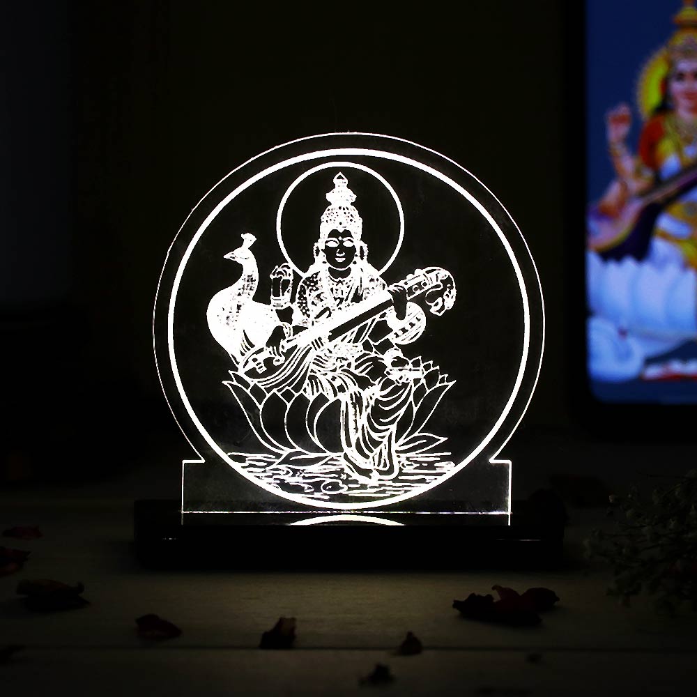 Maa Saraswati LED Acrylic Lamp – Goddess of Knowledge Decorative Night Light for Study Table, Home Temple & Spiritual Gifting | LoveCraftGifts™
