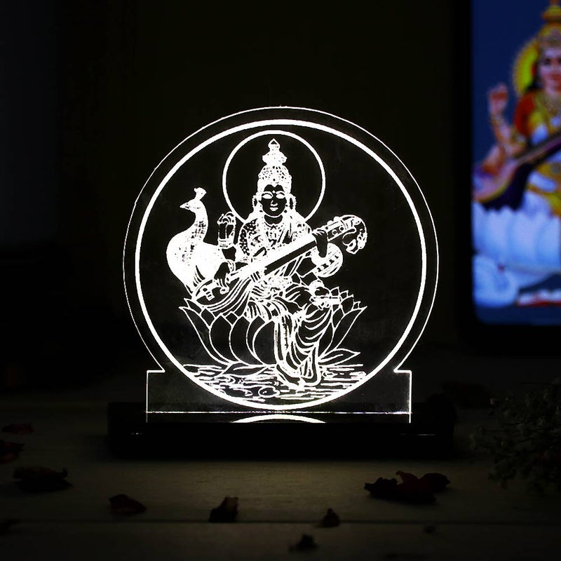 Maa Saraswati LED Acrylic Lamp – Goddess of Knowledge Decorative Night Light for Study Table, Home Temple & Spiritual Gifting | LoveCraftGifts™