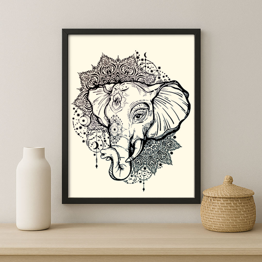 Ganesh Inspired Elephant Wall Art – Intricate Mandala Line Illustration | Love Craft Gifts