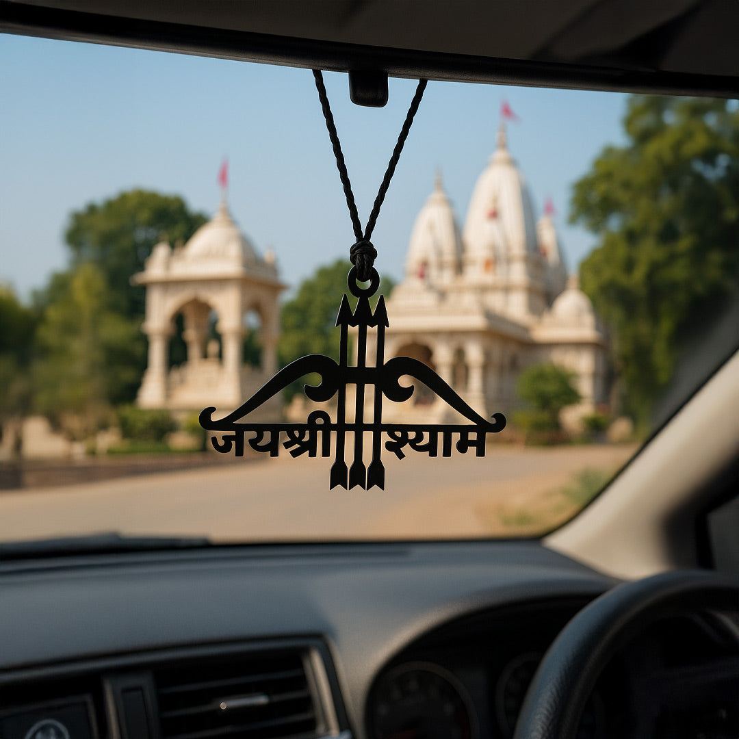 Jai Shree Shyam Teen Baan Car Hanger | 3×2 inch | Black Acrylic | Love Craft Gifts