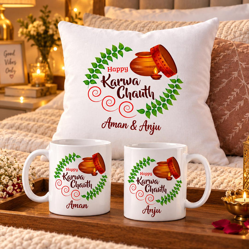 Karwa Chauth Couple Cushion Mug Set with Names | Love Craft Gifts™