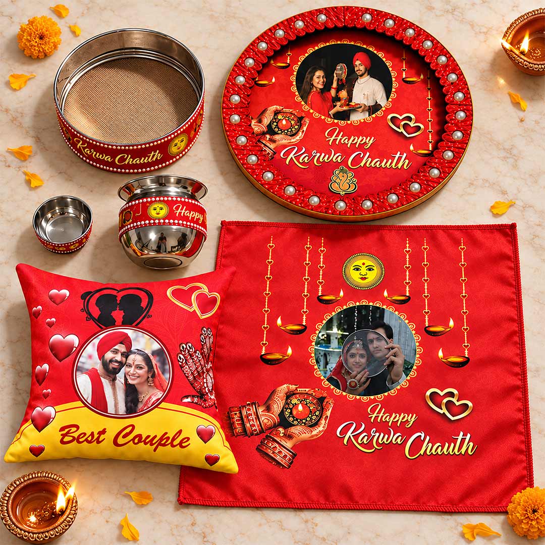 Karwa Chauth Pooja Combo with Personalized Couple Photos | Love Craft Gifts™