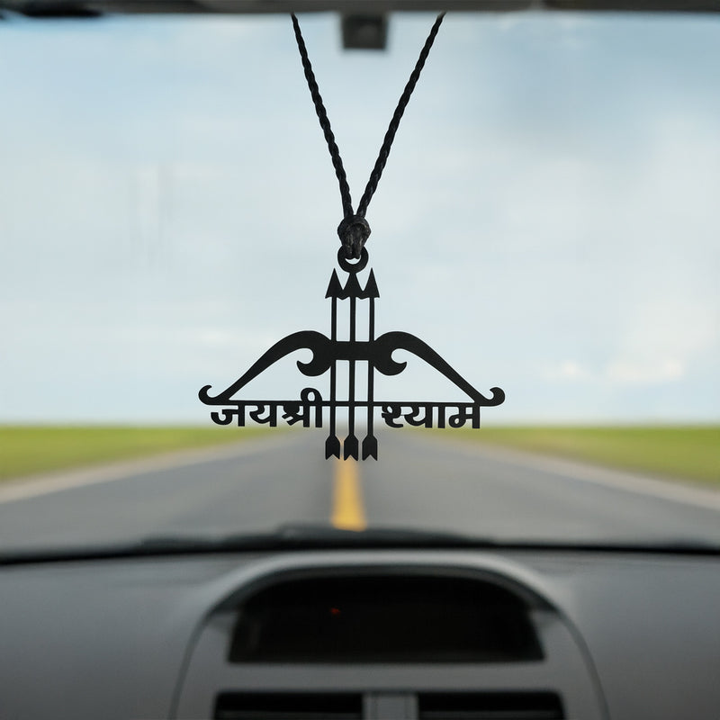 Jai Shree Shyam Teen Baan Car Hanger | 3×2 inch | Black Acrylic | Love Craft Gifts