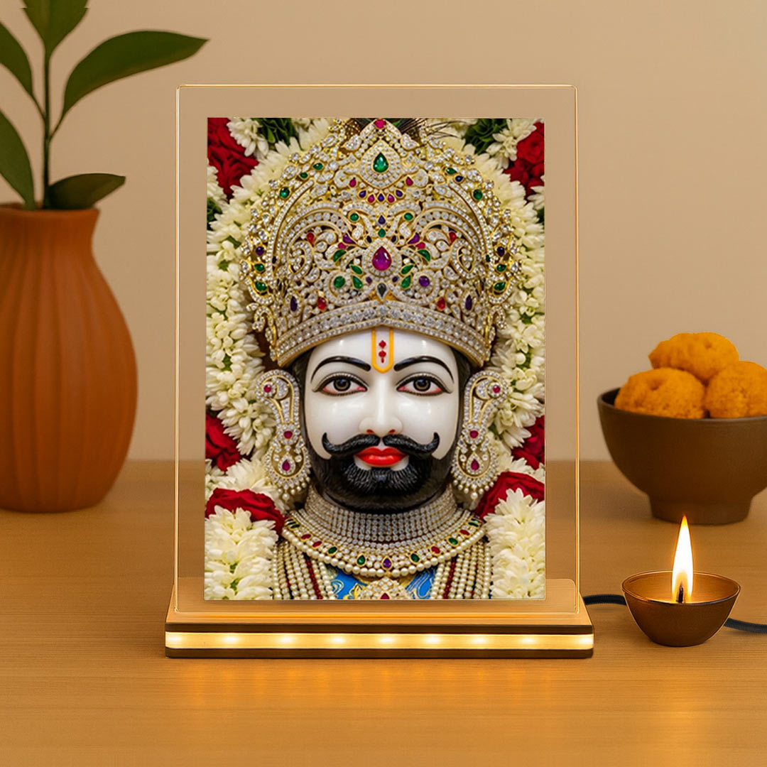 Khatu Shyam Ji Table Top with Golden Glow Light | 4×6 inch | Acrylic with Wooden Base | UV Print | Love Craft Gifts