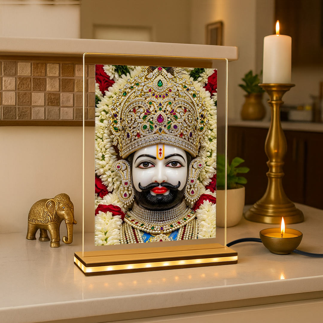 Khatu Shyam Ji Table Top with Golden Glow Light | 4×6 inch | Acrylic with Wooden Base | UV Print | Love Craft Gifts