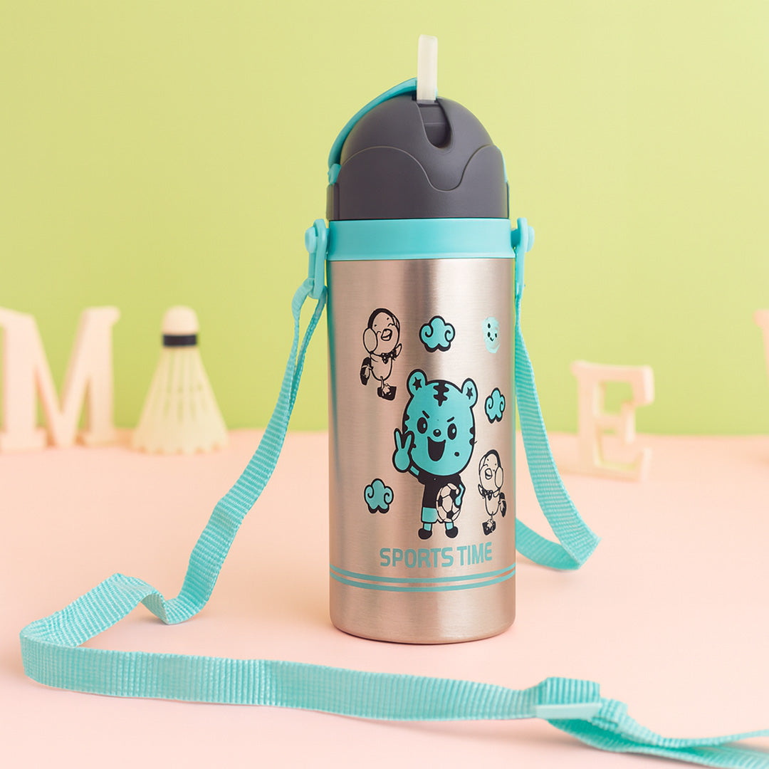 Sports Time Personalized Kids Water Bottle | Stainless Steel | Blue Leakproof Straw Sipper with Strap | Love Craft Gifts