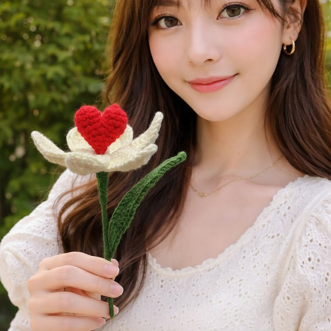 Handmade Crochet Heart Flower – Romantic Knitted Flower Gift with Red Heart Center | Love Craft Gifts