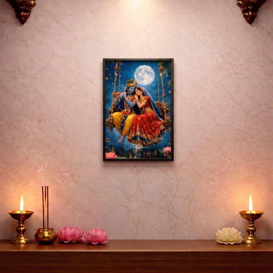 Radha Krishna Romantic Moonlight Wall Frame – Divine Love Spiritual Wall Art | Love Craft Gifts