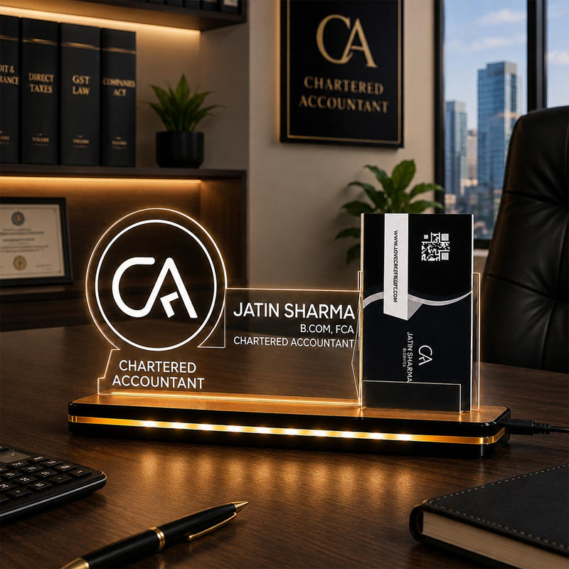 Personalized Chartered Accountant LED Acrylic Business Card Holder with Name | Custom CA Office Desk Name Plate with Card Stand 8 x 6 Inch | Professional Gift for CA, Tax Consultant & Finance Experts | Love Craft Gifts™