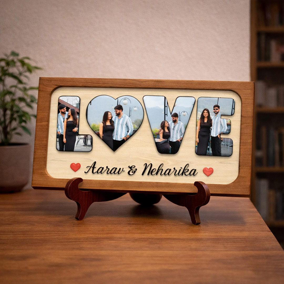 Personalized LOVE Photo Frame with Name – Custom Couple Wooden Tabletop Frame (8 x 5 Inch) | Love Craft Gifts