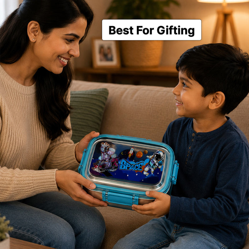 Personalized Space Design Stainless Steel Kids Lunch Box with Custom Name | Leak-Resistant School Tiffin Gift for Boys & Girls - 500ml | Love Craft Gifts™