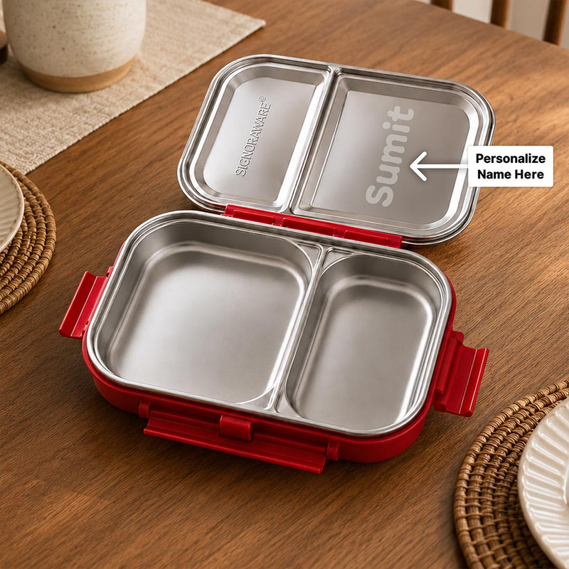 Personalized Signoraware Slim Stainless Steel Lunch Box with Custom Name | Leak Proof School & Office Tiffin Gift - 1Ltr | Love Craft Gifts™