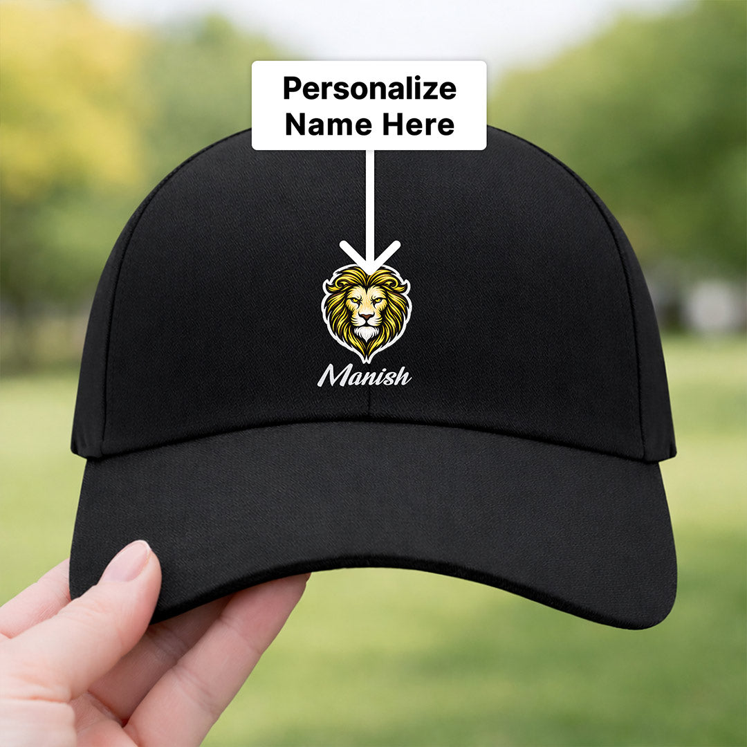Personalized Lion Head Printed Black Cap – Custom Name Adjustable Baseball Hat for Men & Boys | Love Craft Gifts