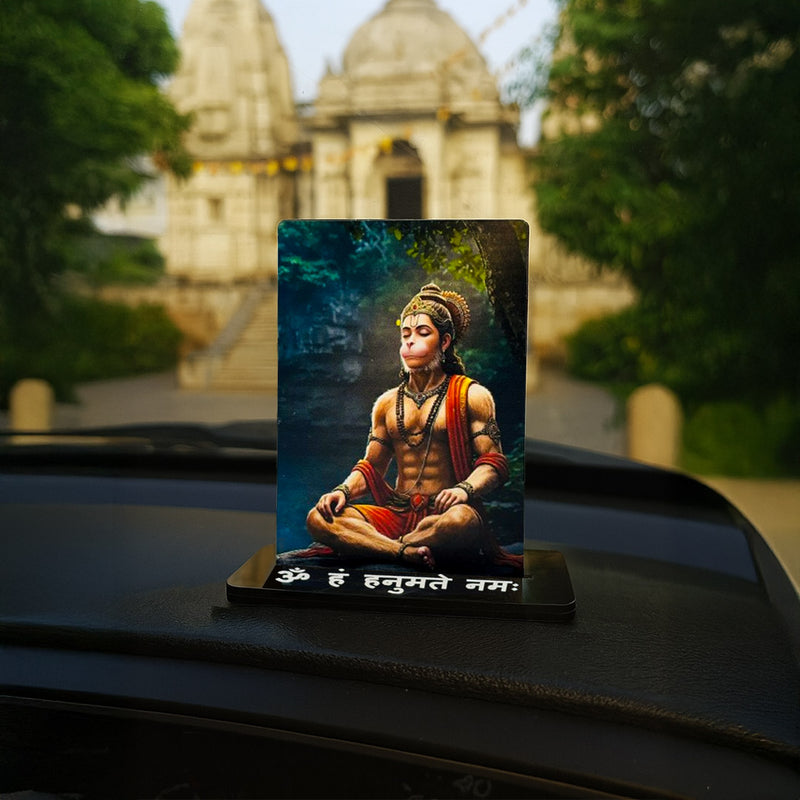 Meditating Hanuman Ji Car Dashboard Stand – Om Hanumate Namah Acrylic Dashboard Decor for Car, Home & Office | Divine Hanuman Artwork | LoveCraftGifts™