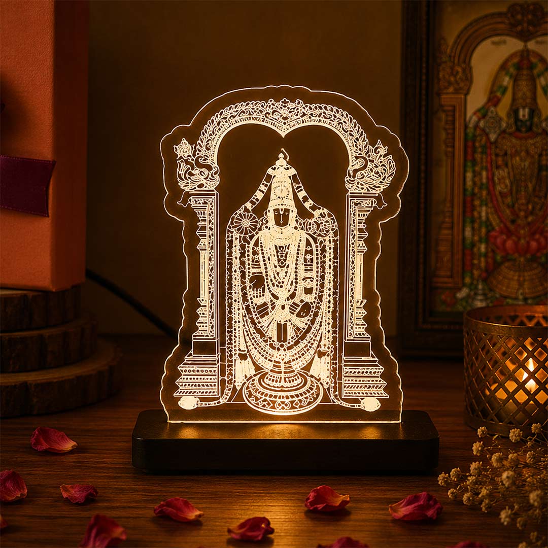 Tirupati Balaji LED Acrylic Lamp – Lord Venkateswara Divine Night Light for Home Temple, Spiritual Decor & Religious Gift | LoveCraftGifts™