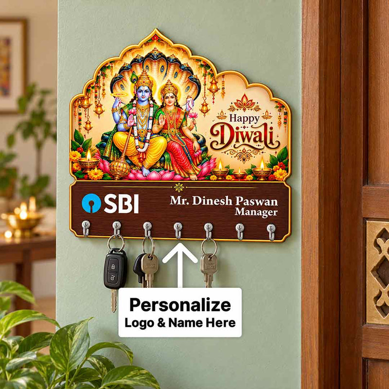 Lord Vishnu & Goddess Lakshmi Happy Diwali Key Holder with Custom Name | Love Craft Gifts™