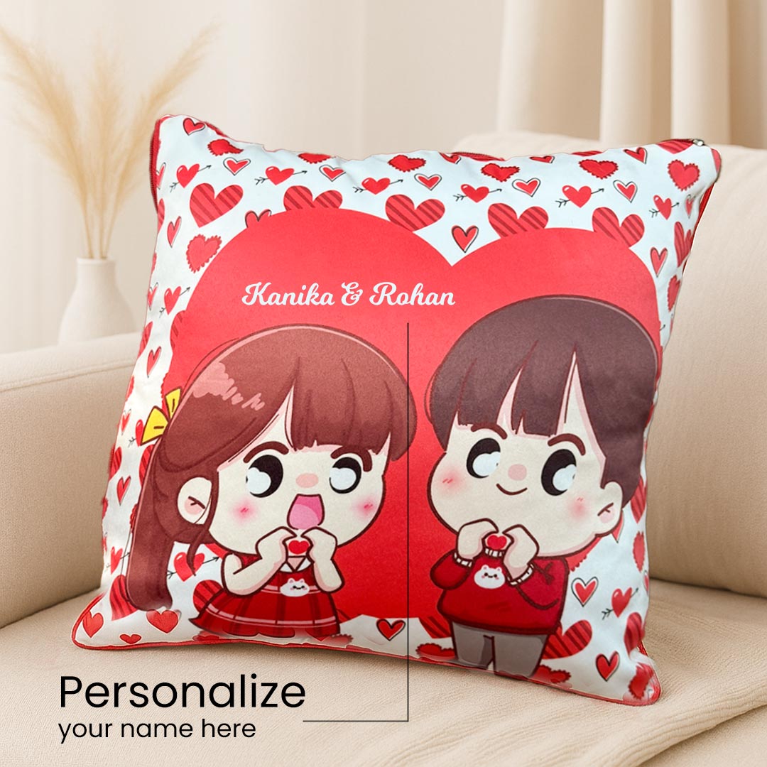 Cartoon Couple Personalized Name Cushion (10x10) | Love Craft Gifts