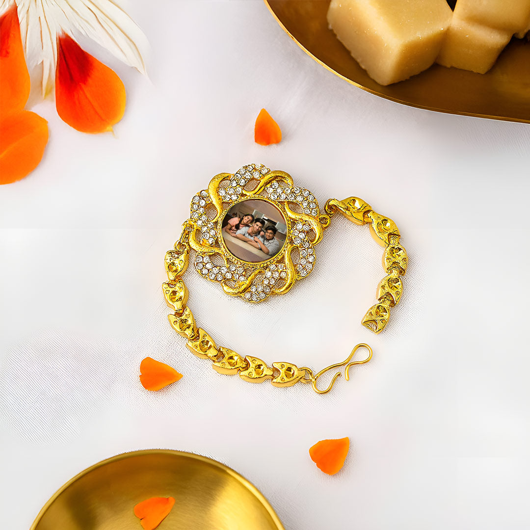Luxury Personalized Photo Rakhi Premium Crystal Gold Chain Brother Gift | Love Craft Gifts™