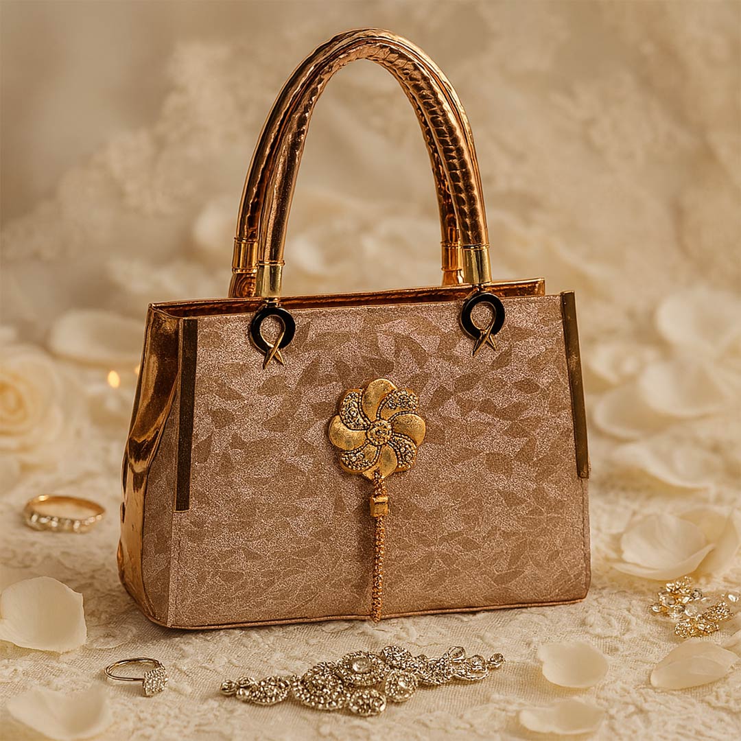 Luxury Women’s Handbag – Gold Embellished Floral Brooch Design | Premium Party & Wedding Bag