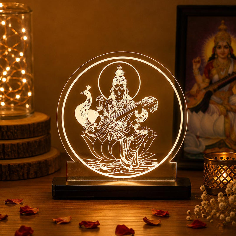 Maa Saraswati LED Acrylic Lamp – Goddess of Knowledge Decorative Night Light for Study Table, Home Temple & Spiritual Gifting | LoveCraftGifts™
