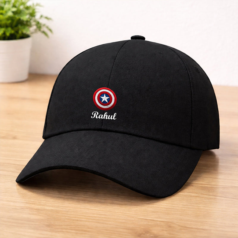 Personalized Captain Shield Print Black Cap