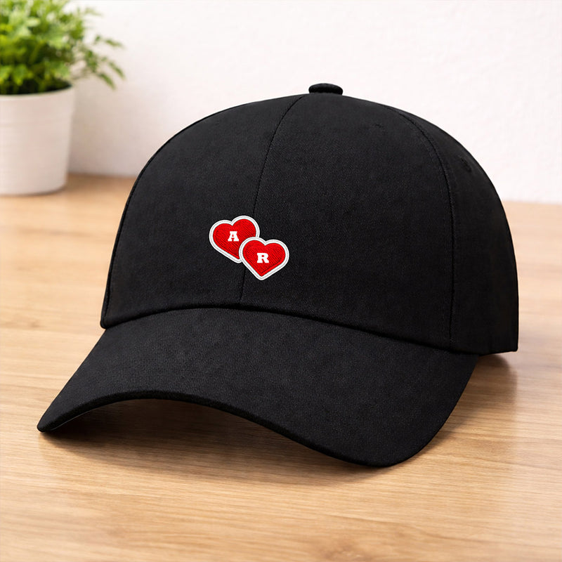 Personalized Couple Printed Black Caps Set of 2 – Custom Initial Heart Design Adjustable Baseball Hats for Him & Her | Love Craft Gifts