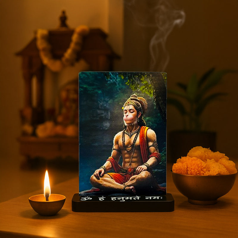 Meditating Hanuman Ji Car Dashboard Stand – Om Hanumate Namah Acrylic Dashboard Decor for Car, Home & Office | Divine Hanuman Artwork | LoveCraftGifts™