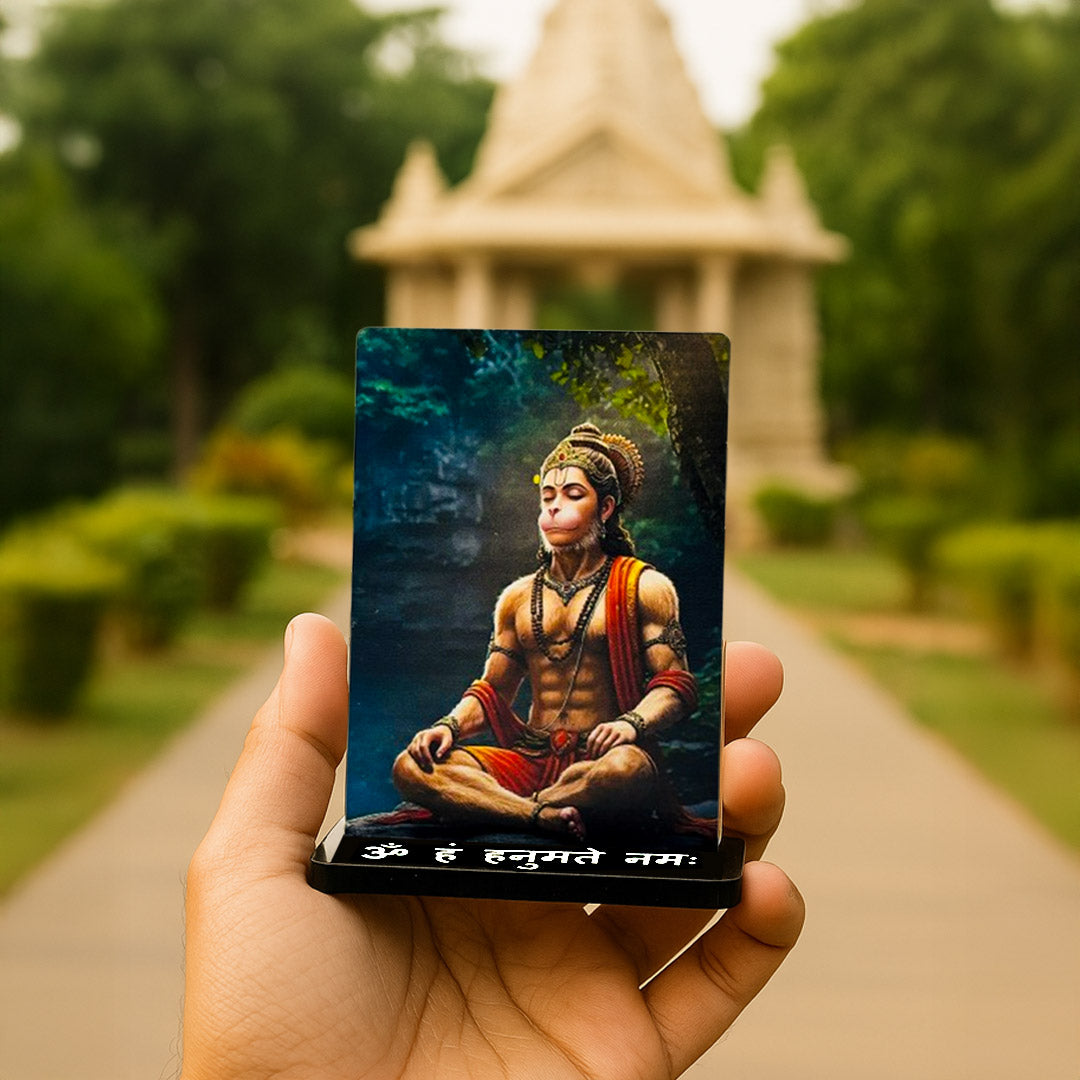 Meditating Hanuman Acrylic Car Dashboard Frame – UV Printed 4×6 Inch Spiritual Dashboard Decor