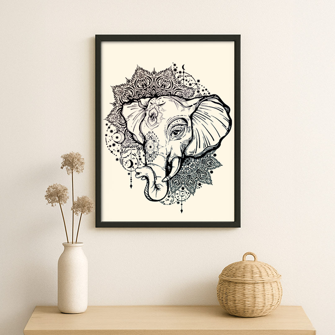Ganesh Inspired Elephant Wall Art – Intricate Mandala Line Illustration | Love Craft Gifts