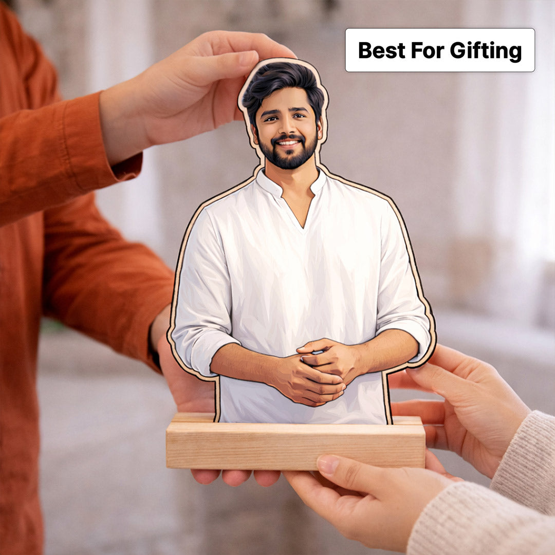 Personalized Cartoon Acrylic Photo Stand for Men with Wooden Base – Custom Picture Cutout Table Top Gift (7x4 Inch) | Love Craft Gifts