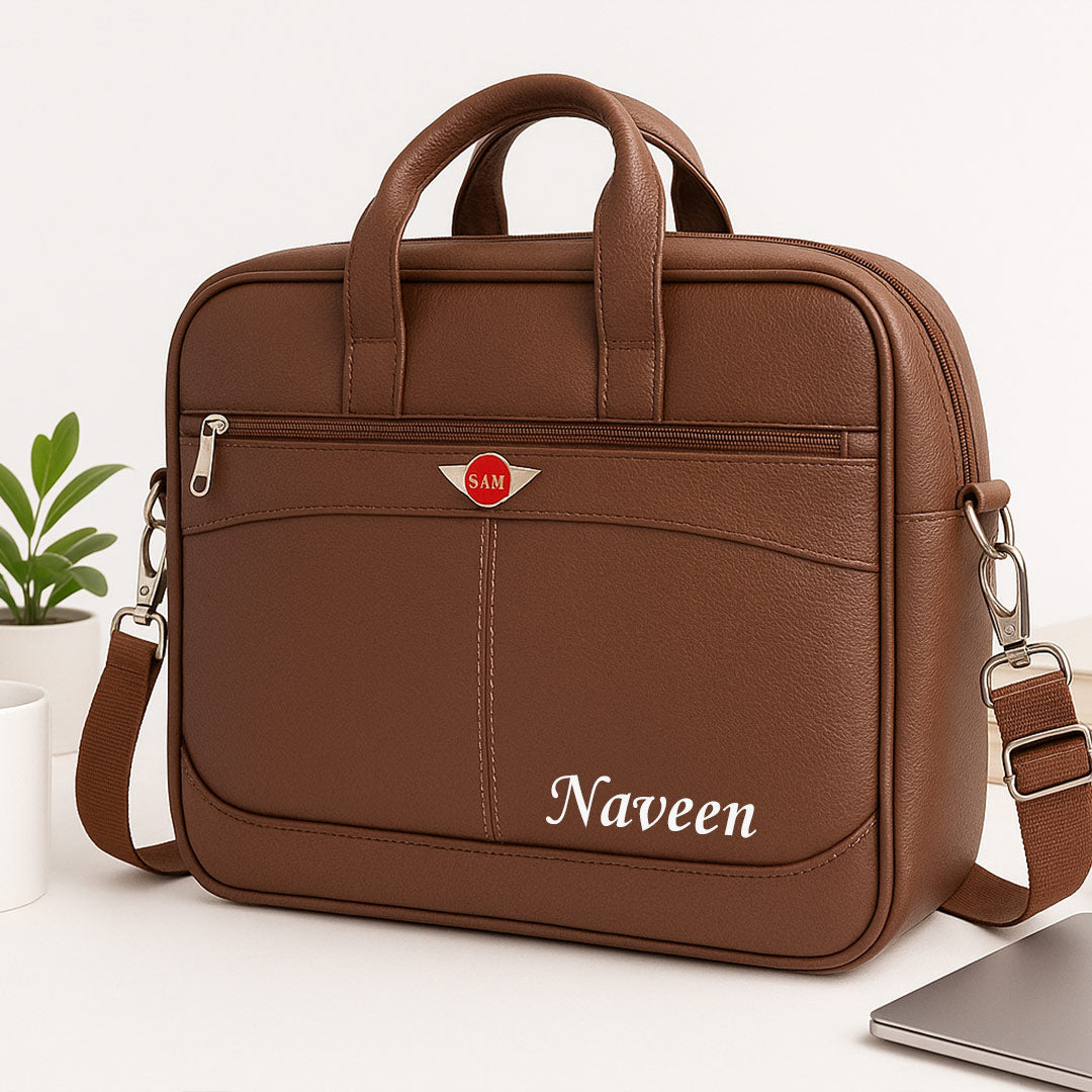 Personalized Brown Leather Office Laptop Bag – Custom Name Engraved Executive Briefcase | Love Craft Gifts