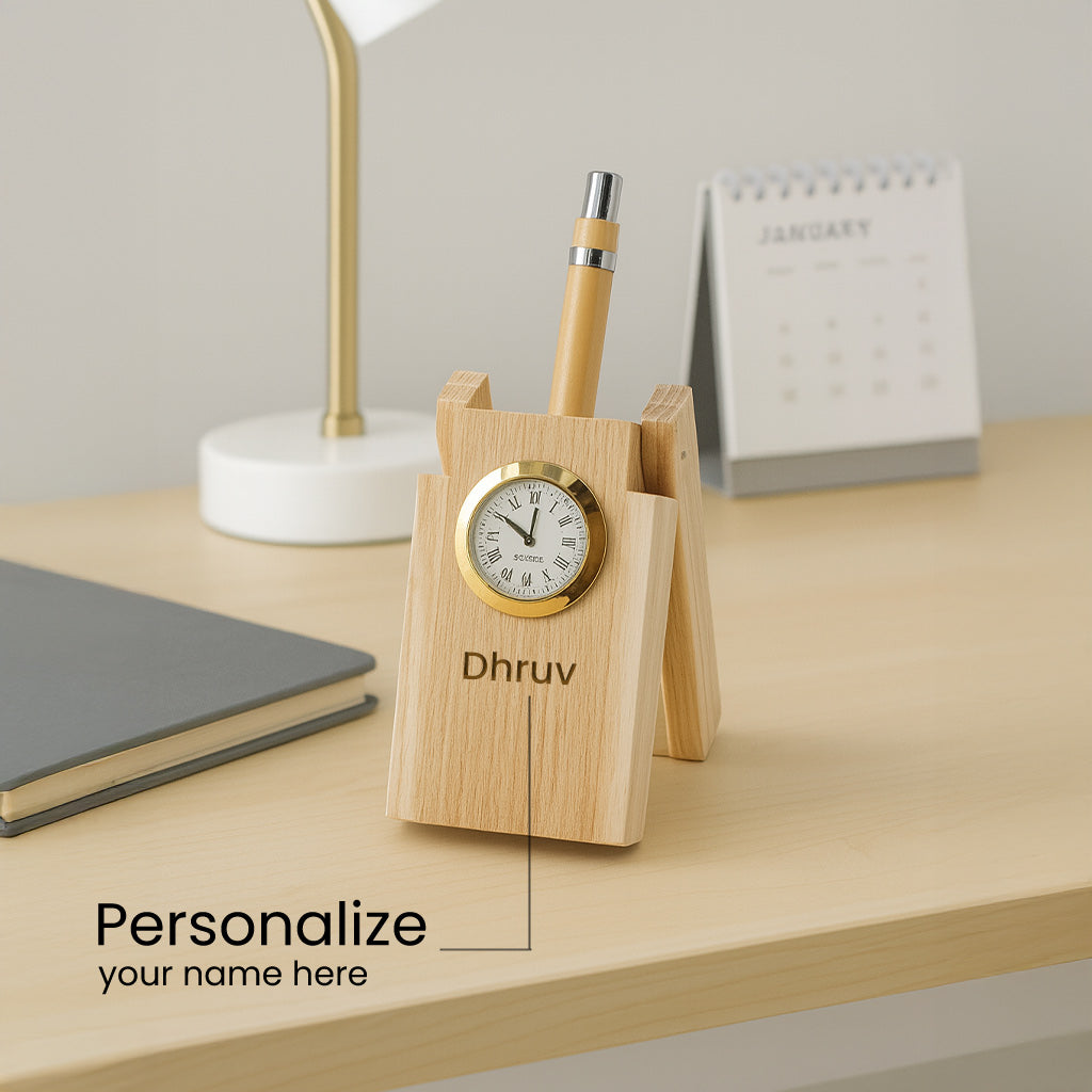 Personalized Wooden Desk Clock Pen Holder | Love Craft Gifts