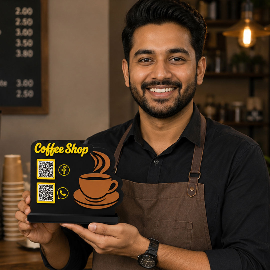Personalized Coffee Shop QR Code Table Stand with Social Media Display | Custom Cafe Menu Scan Stand for WhatsApp & Facebook | Premium Business Counter Decor | Love Craft Gifts™