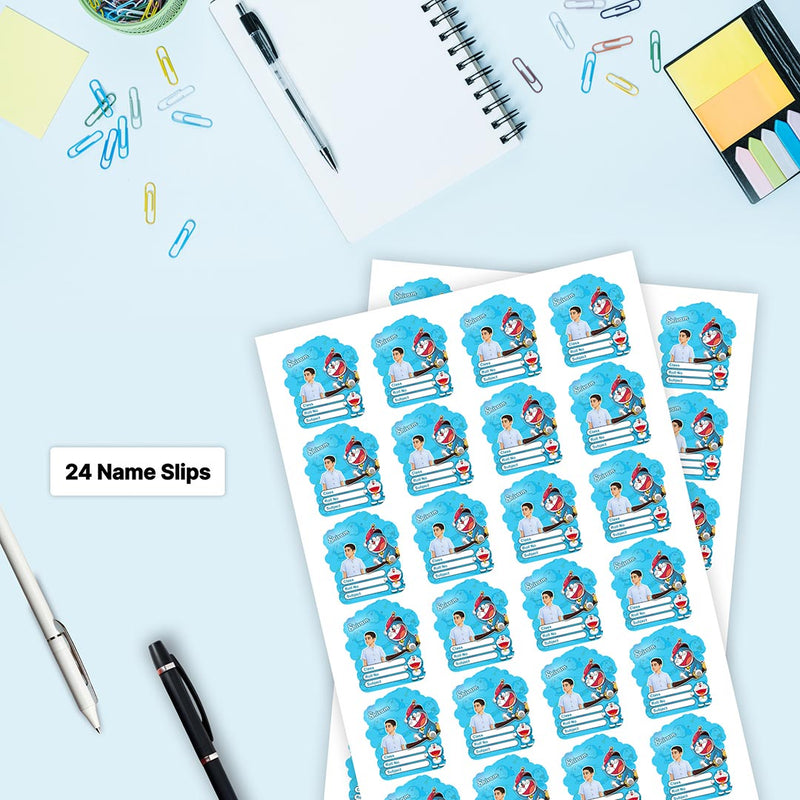 Personalized Doraemon Cartoon Kids Name Slips – Illustrated Cartoon Art School Name Stickers (2×3 Inch, 24 Stickers)