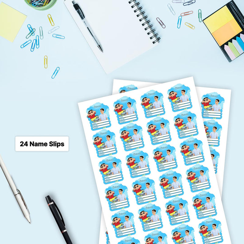Personalized Shinchan Cartoon Kids Name Slips – Illustrated Cartoon Art School Name Stickers (2×3 Inch, 24 Stickers)