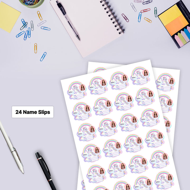 Personalized Rainbow Unicorn Magic Kids Name Slips (2x3 Inch, 24 Stickers)