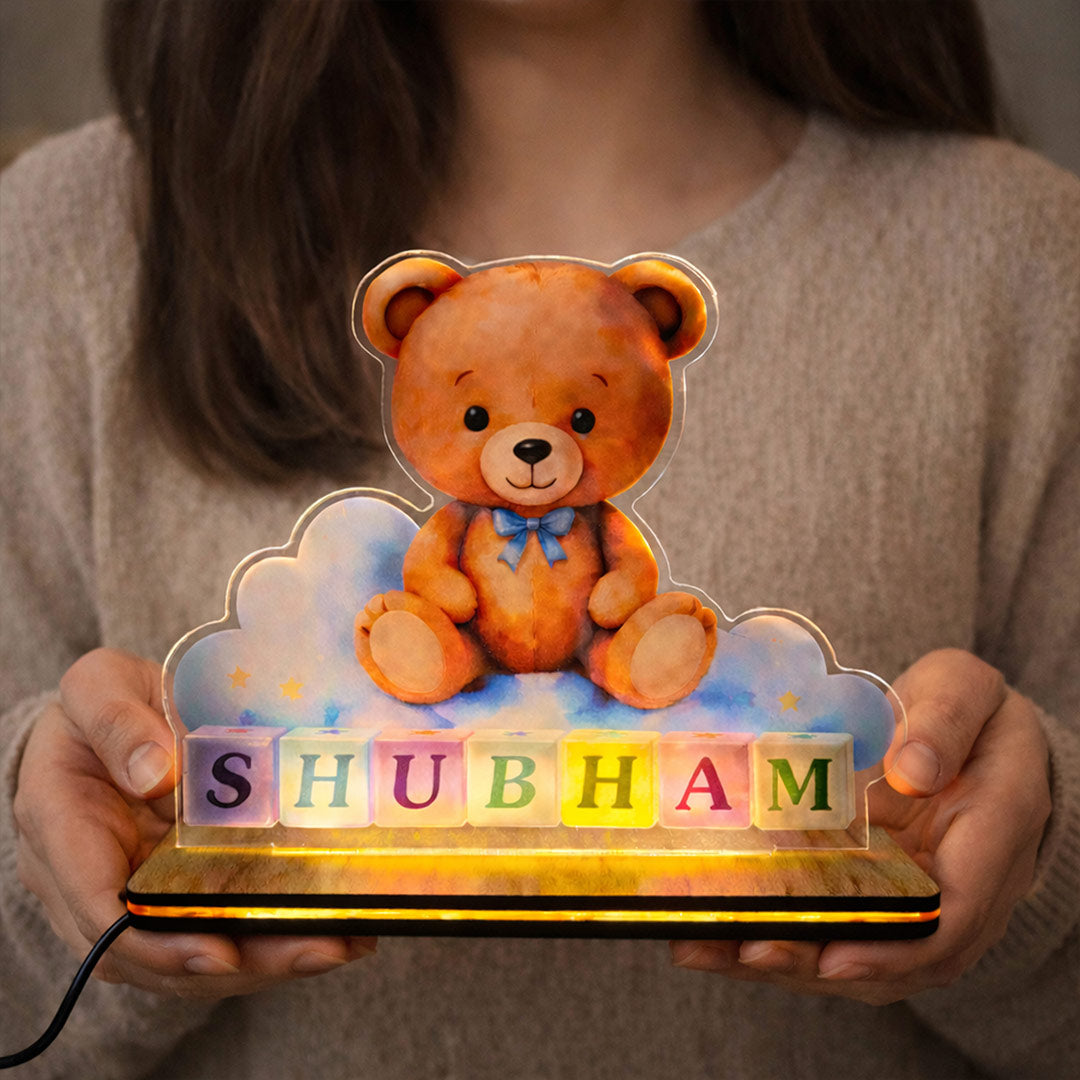 Personalized Teddy Name LED Acrylic Lamp – Custom Kids Night Light (7x5 Inch) | Love Craft Gifts