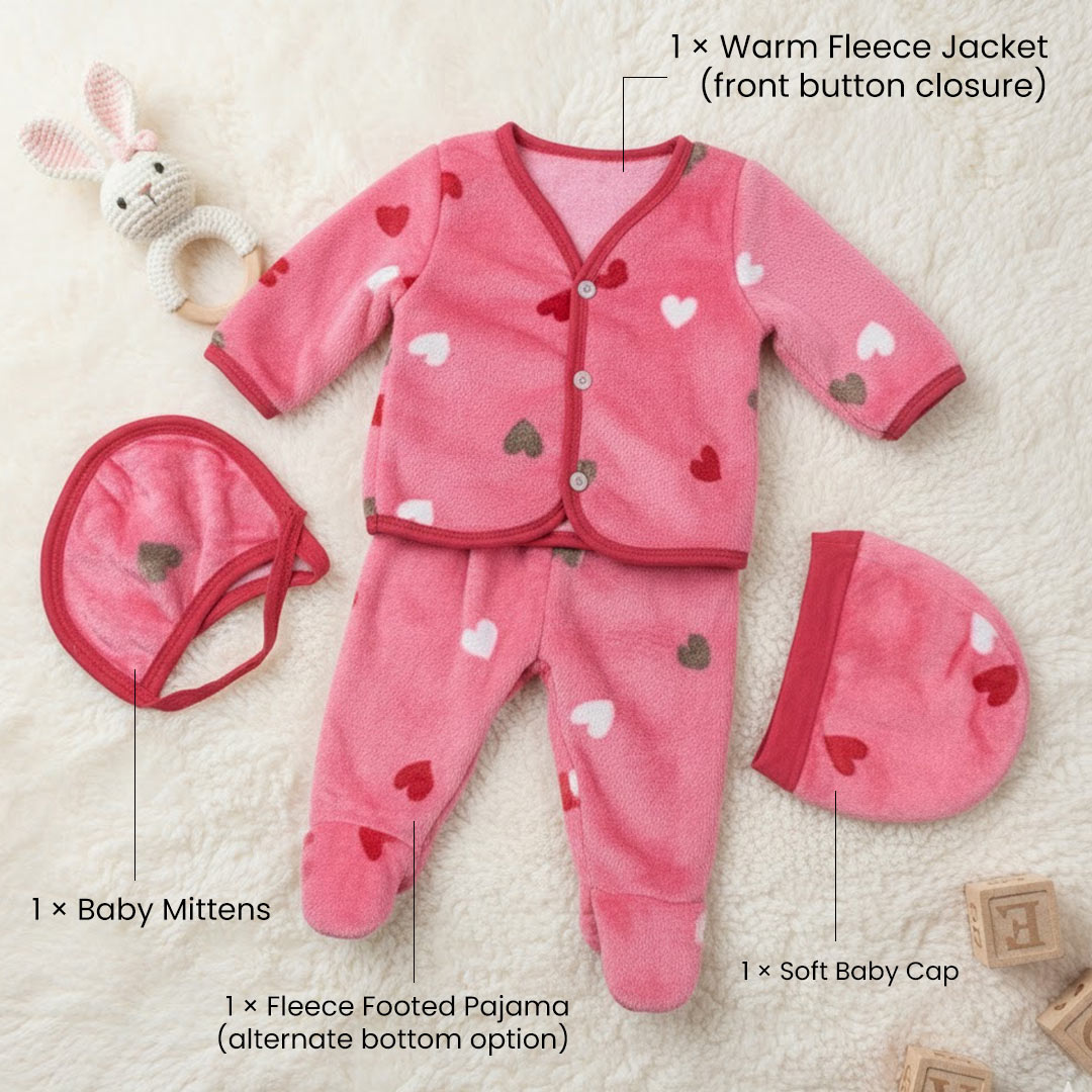 Baby Winter Fleece Set – 4 Pc Warm Wear Combo (Pink Hearts Print)| Love Craft Gifts