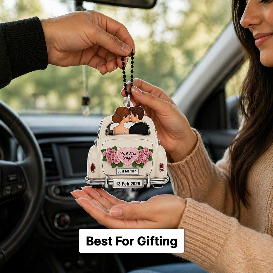 Personalized Just Married Car Hanging with Name & Date 2.5x3" for Couples | Romantic Wedding Car Mirror Accessory | Love Craft Gifts™