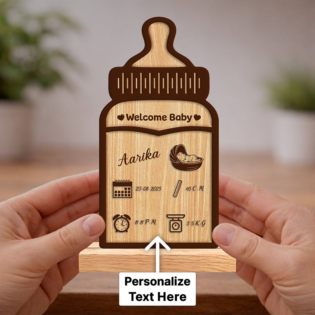Personalized Baby Bottle Wooden Name Frame | Custom Newborn Details Gift - 4x8" | Love Craft Gifts™