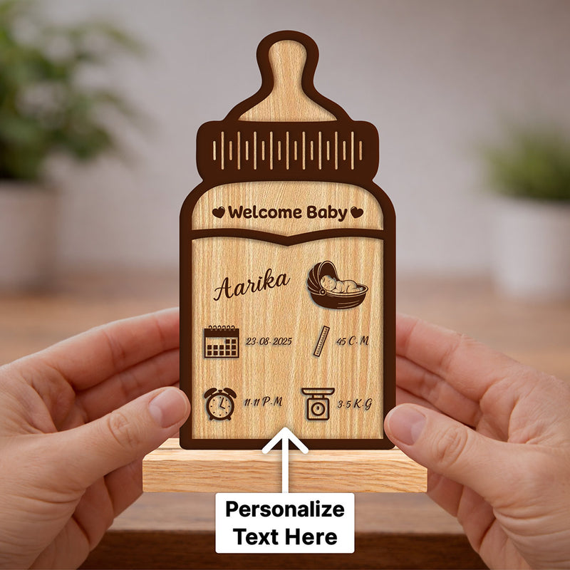 Personalized Baby Bottle Wooden Name Frame | Custom Newborn Details Gift - 4x8" | Love Craft Gifts™